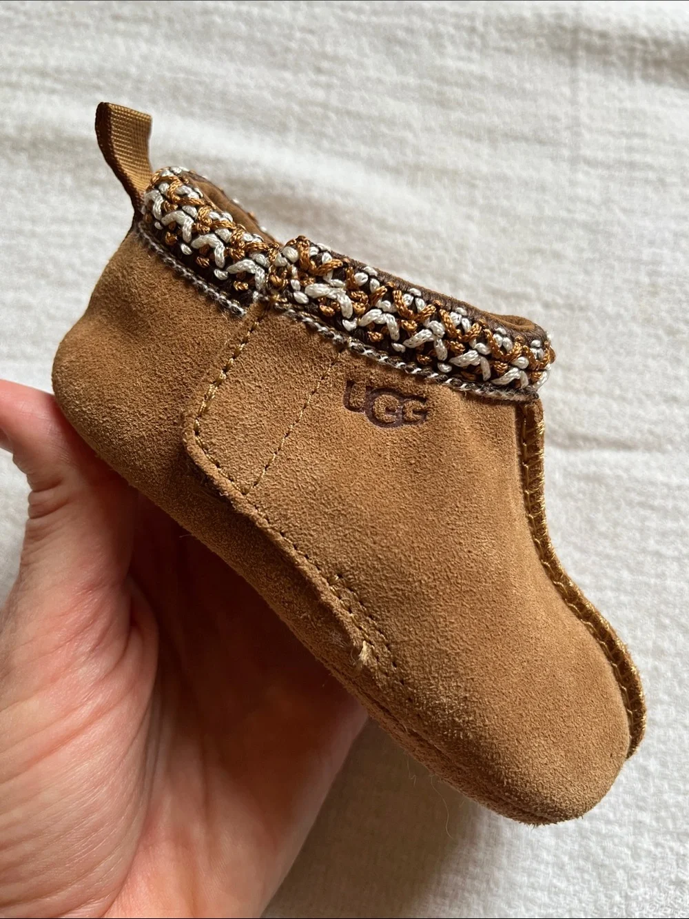 UGG Baby Chestnut Brown Suede Sheepskin Lined Slippers with Beaded Trim